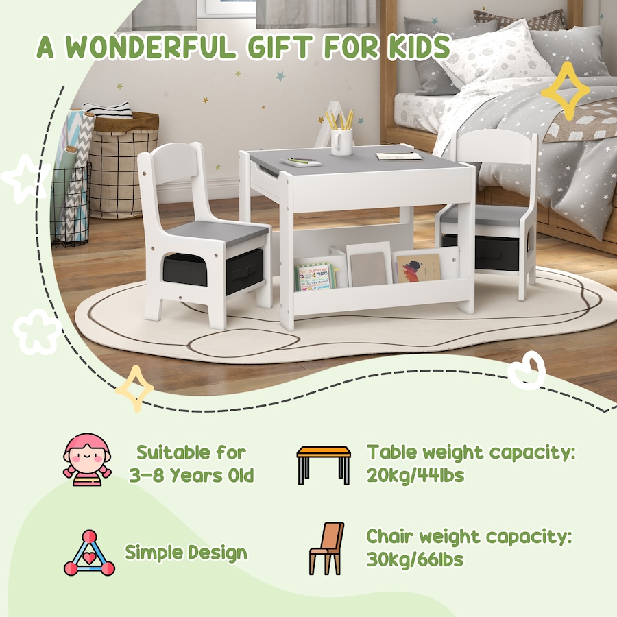 Image 976767_ALTMORE4.jpg, Product 976-767 / Price $109.99, Qaba 3 Piece Kids Table and Chair Set with Reversible Tabletop, Grey from Qaba on TSC.ca's Home & Garden department