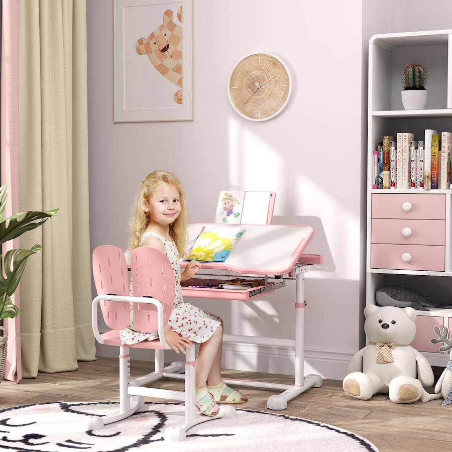 Image 976773_ALTMORE1.jpg, Product 976-773 / Price $136.99, Qaba Kids Desk and Chair Set Height Adjustable w/ Tilt Desktop, Pink from Qaba on TSC.ca's Home & Garden department