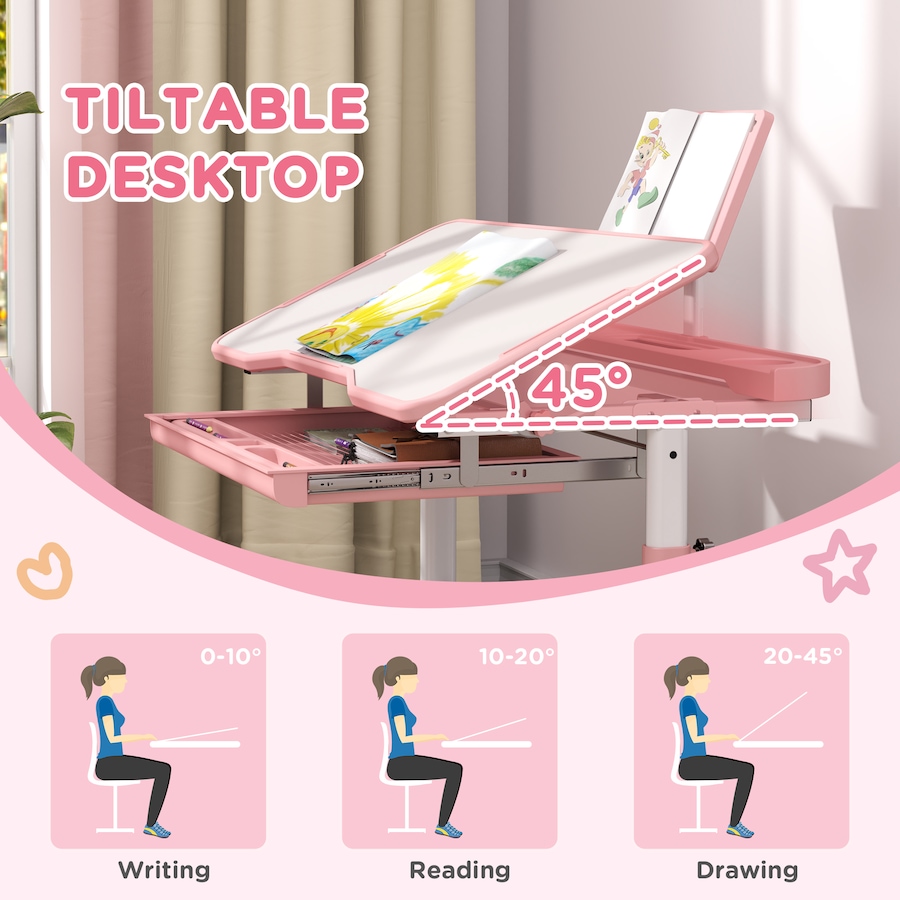 Image 976773_ALTMORE3.jpg, Product 976-773 / Price $136.99, Qaba Kids Desk and Chair Set Height Adjustable w/ Tilt Desktop, Pink from Qaba on TSC.ca's Home & Garden department