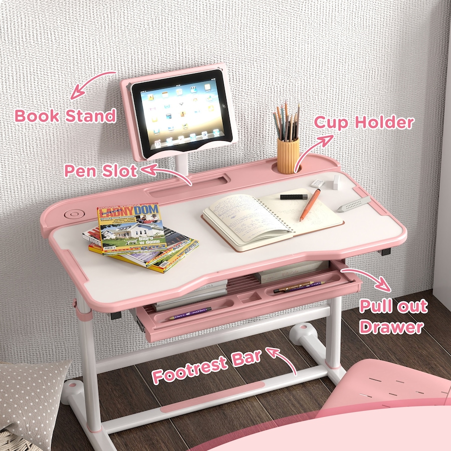 Image 976773_ALTMORE6.jpg, Product 976-773 / Price $136.99, Qaba Kids Desk and Chair Set Height Adjustable w/ Tilt Desktop, Pink from Qaba on TSC.ca's Home & Garden department