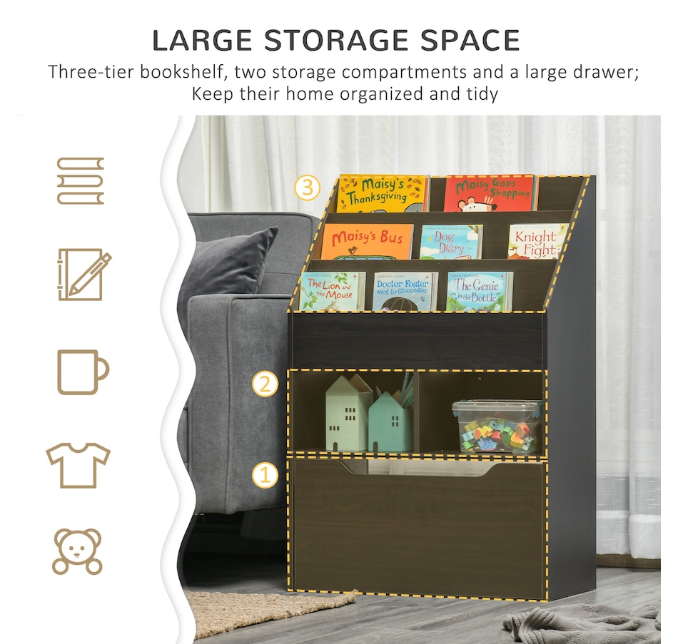 Image 976781_ALTMORE3.jpg, Product 976-781 / Price $117.99, HOMCOM Kids Bookshelf Bookcase, Rack Organizer with Drawer for Books, Brown from HOMCOM on TSC.ca's Home & Garden department
