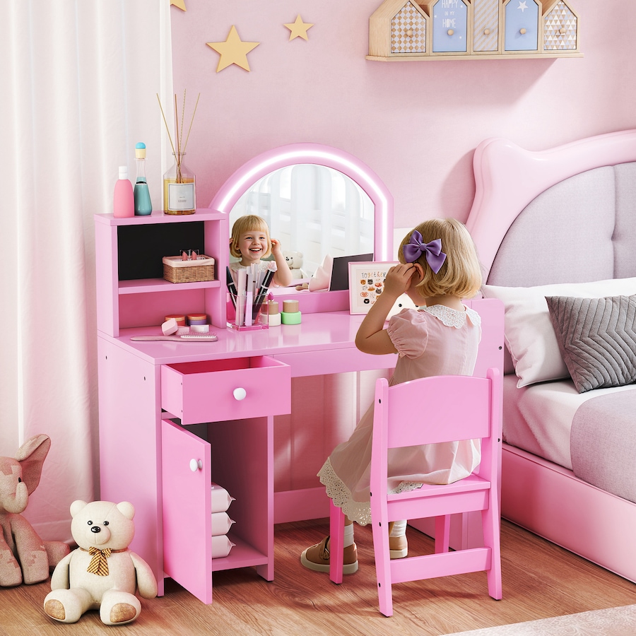 Image 976790_ALTMORE1.jpg, Product 976-790 / Price $169.99, Qaba Kids Vanity Set with Lighted Mirror, Stool, Cabinet, Drawer, Pink from Qaba on TSC.ca's Home & Garden department