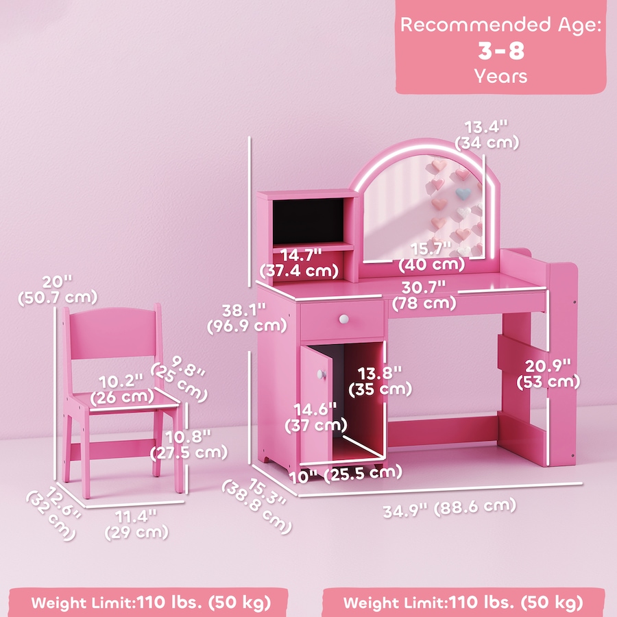 Image 976790_ALTMORE2.jpg, Product 976-790 / Price $169.99, Qaba Kids Vanity Set with Lighted Mirror, Stool, Cabinet, Drawer, Pink from Qaba on TSC.ca's Home & Garden department