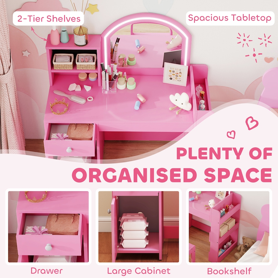Image 976790_ALTMORE5.jpg, Product 976-790 / Price $169.99, Qaba Kids Vanity Set with Lighted Mirror, Stool, Cabinet, Drawer, Pink from Qaba on TSC.ca's Home & Garden department