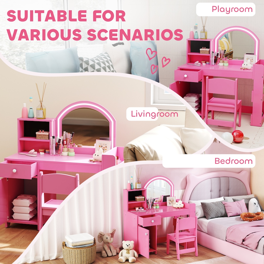 Image 976790_ALTMORE7.jpg, Product 976-790 / Price $169.99, Qaba Kids Vanity Set with Lighted Mirror, Stool, Cabinet, Drawer, Pink from Qaba on TSC.ca's Home & Garden department