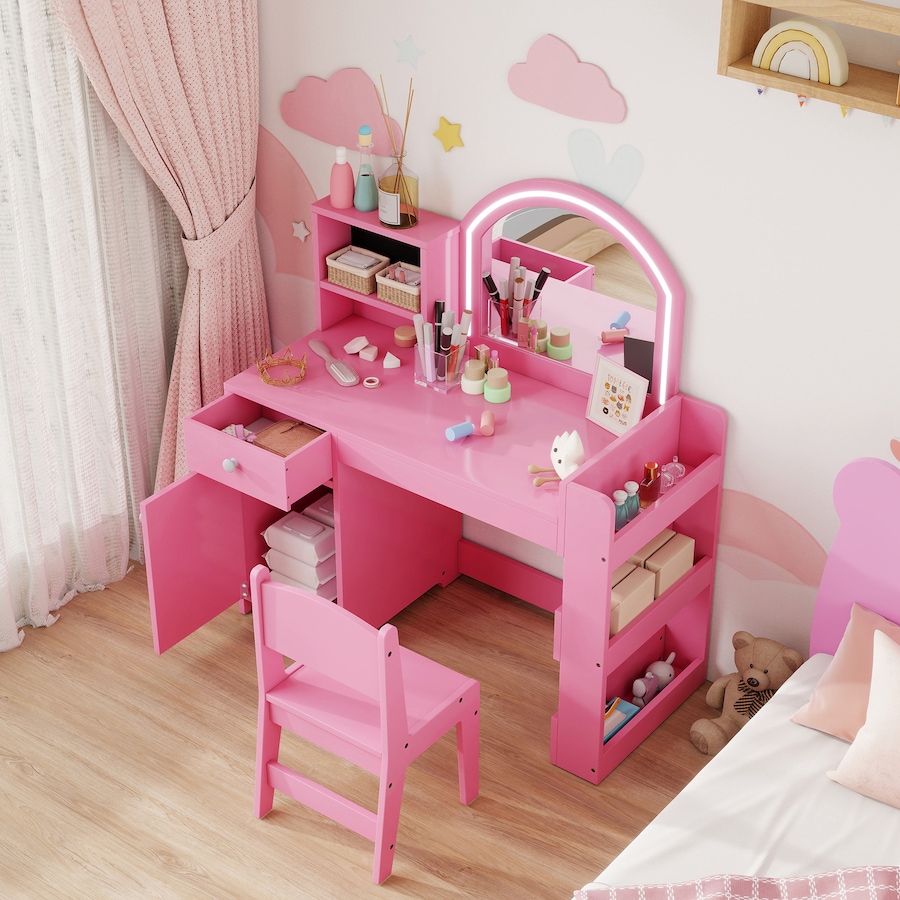 Image 976790_ALTMORE8.jpg, Product 976-790 / Price $169.99, Qaba Kids Vanity Set with Lighted Mirror, Stool, Cabinet, Drawer, Pink from Qaba on TSC.ca's Home & Garden department