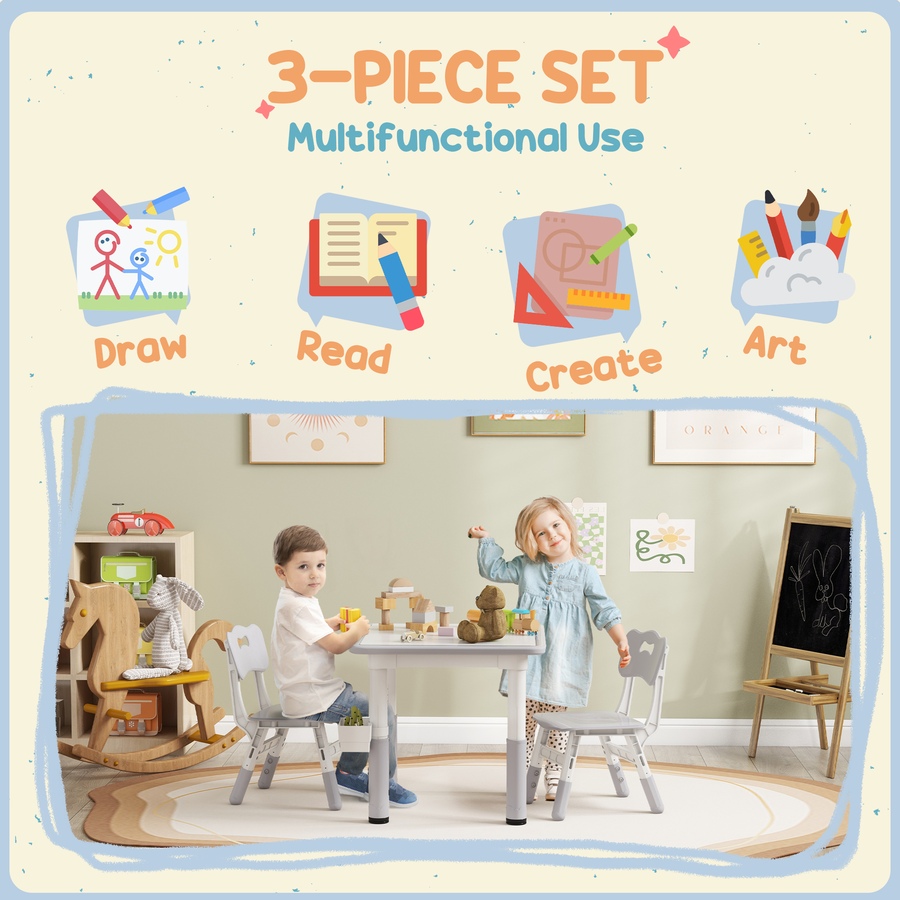 Image 976791_ALTMORE4.jpg, Product 976-791 / Price $99.99, Qaba 3 Pcs Height Adjustable Kids Table and Chair Set w/ Storage, Grey from Qaba on TSC.ca's Home & Garden department
