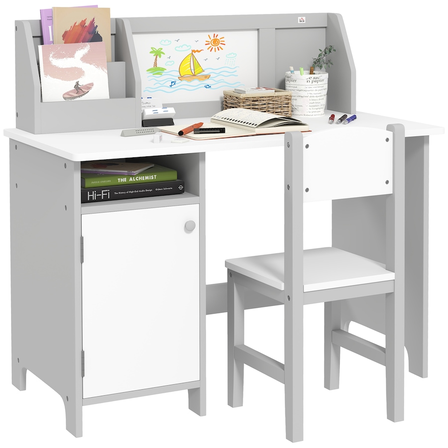 Image 976797.jpg, Product 976-797 / Price $139.99, Qaba 2Pcs Kids Desk and Chair Set with Whiteboard, Storage, Shelves, Grey from Qaba on TSC.ca's Home & Garden department