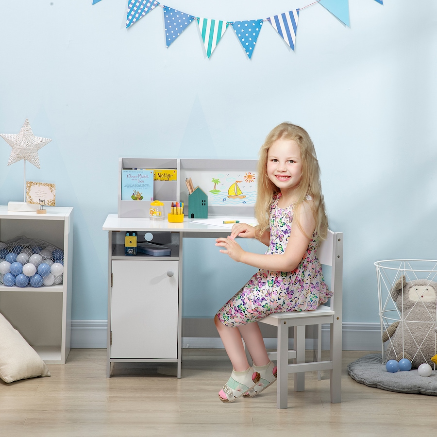 Image 976797_ALTMORE1.jpg, Product 976-797 / Price $139.99, Qaba 2Pcs Kids Desk and Chair Set with Whiteboard, Storage, Shelves, Grey from Qaba on TSC.ca's Home & Garden department