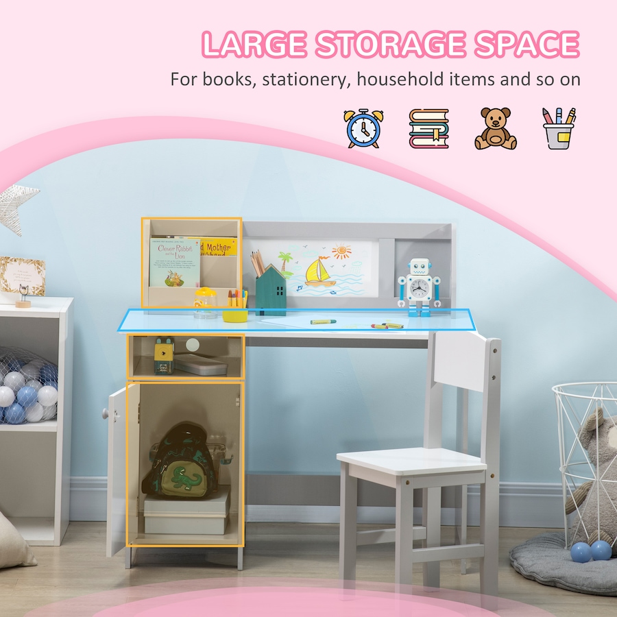 Image 976797_ALTMORE3.jpg, Product 976-797 / Price $139.99, Qaba 2Pcs Kids Desk and Chair Set with Whiteboard, Storage, Shelves, Grey from Qaba on TSC.ca's Home & Garden department
