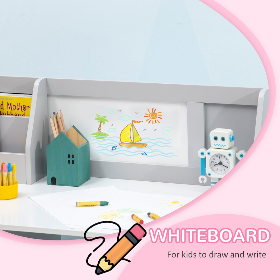 Image 976797_ALTMORE4.jpg, Product 976-797 / Price $139.99, Qaba 2Pcs Kids Desk and Chair Set with Whiteboard, Storage, Shelves, Grey from Qaba on TSC.ca's Home & Garden department