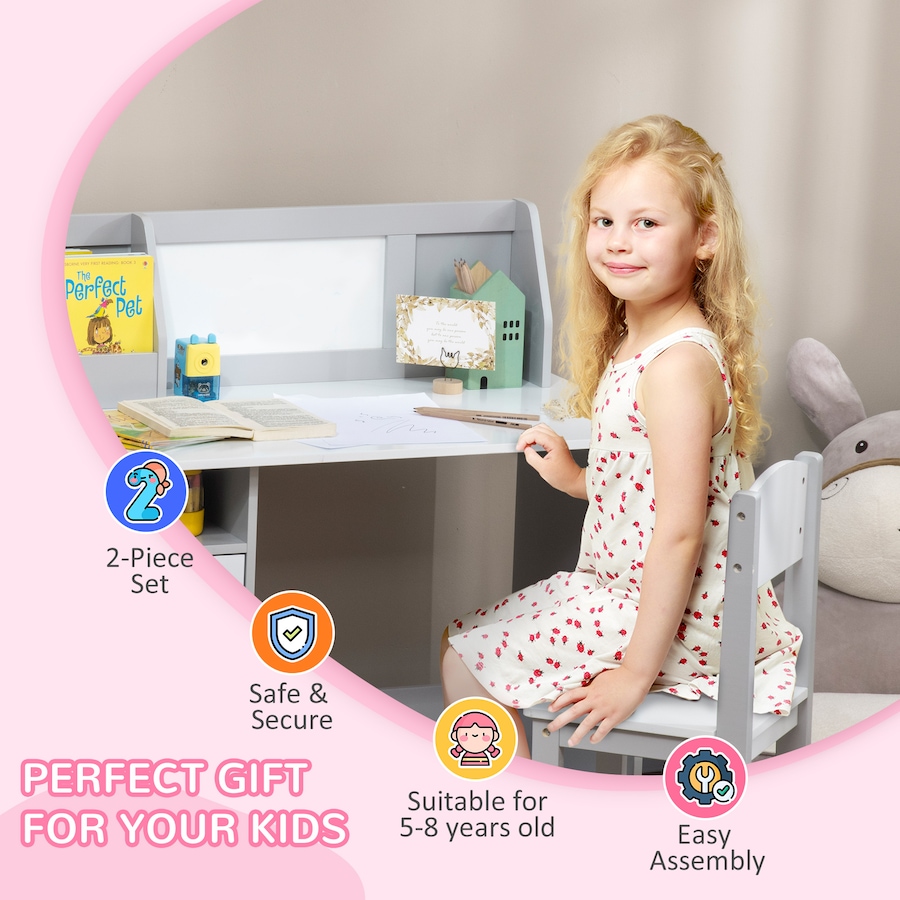 Image 976797_ALTMORE5.jpg, Product 976-797 / Price $139.99, Qaba 2Pcs Kids Desk and Chair Set with Whiteboard, Storage, Shelves, Grey from Qaba on TSC.ca's Home & Garden department