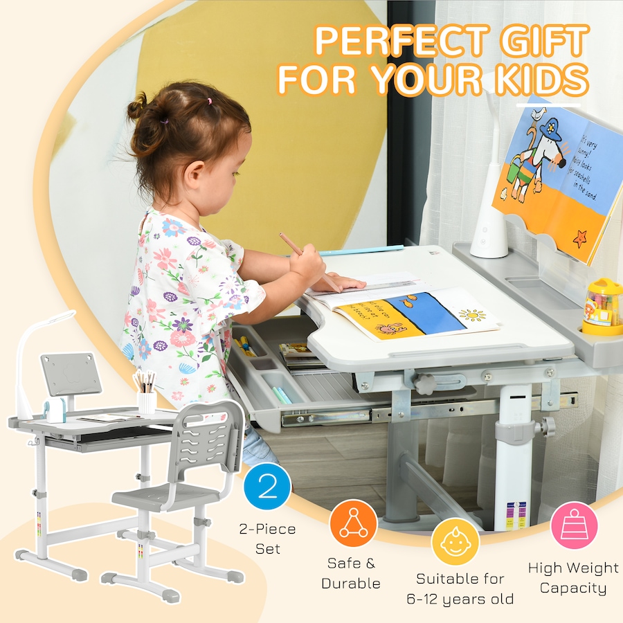 Image 976805_ALTMORE3.jpg, Product 976-805 / Price $144.99, Qaba Kids Desk and Chair Set Height Adjustable Student Writing Desk, Grey from Qaba on TSC.ca's Home & Garden department