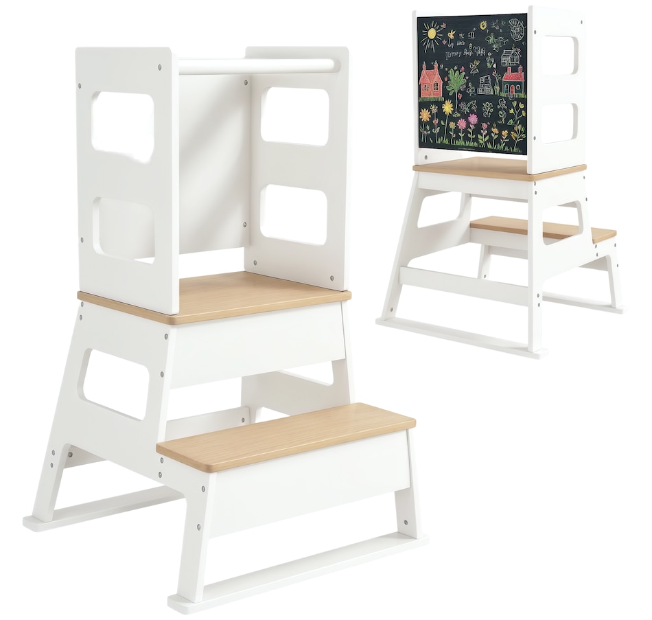 Image 976806.png, Product 976-806 / Price $86.99, Qaba 2 in 1 Toddler Tower Kitchen Helper w/ Chalkboard, Safety Rail, White from Qaba on TSC.ca's Home & Garden department