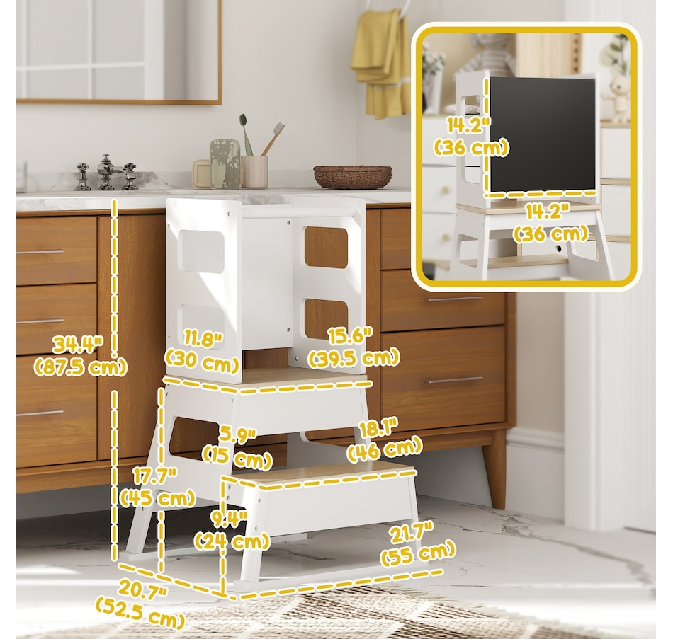 Image 976806_ALTMORE2.jpg, Product 976-806 / Price $86.99, Qaba 2 in 1 Toddler Tower Kitchen Helper w/ Chalkboard, Safety Rail, White from Qaba on TSC.ca's Home & Garden department