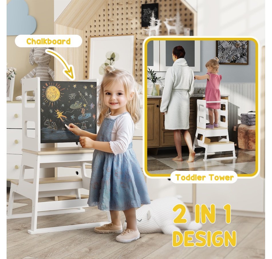 Image 976806_ALTMORE4.jpg, Product 976-806 / Price $86.99, Qaba 2 in 1 Toddler Tower Kitchen Helper w/ Chalkboard, Safety Rail, White from Qaba on TSC.ca's Home & Garden department