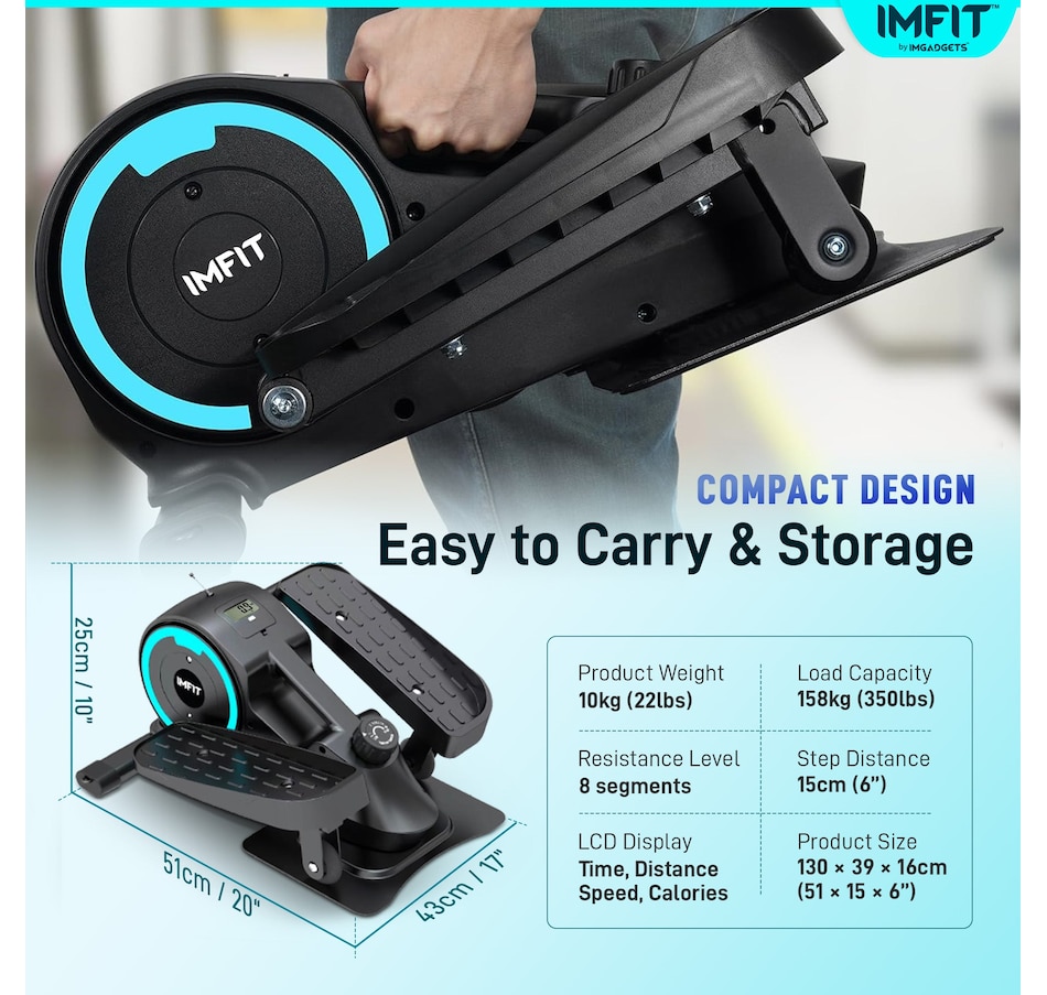 Image 976864_ALTMORE5.jpg, Product 976-864 / Price $189.99, IMFIT Elliptical Trainer with free resistance band | 350 lb Weight Capacity | Ultra-Quiet (20dB) | 8 Resistance Levels | Low-Impact Exercise | Portable & Lightweight | Space-Saving Design | Digital Display | Improved Cardiovascular Health from IMFIT on TSC.ca's Health & Fitness department