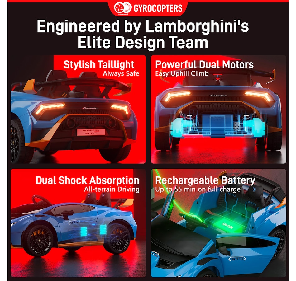 Image 978823_ALTMORE3.jpg, Product 978-823 / Price $349.99, Lamborghini Kids Two-seater Huracan STO Ride on car | Verde Ermes | Speed: up to 6 km/h | Run time Up to 55 Minutes | Remote Control | Interactive Play | Realistic Sounds | Safe Design | LED Lights | Functional opening doors | 12V Rechargeable Battery from IMGadgets on TSC.ca's Toys & Hobbies department