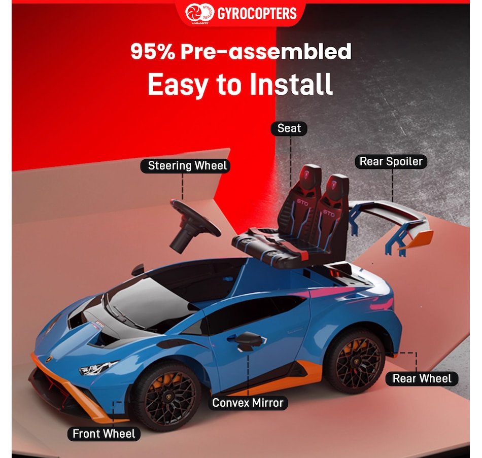 Image 978823_ALTMORE5.jpg, Product 978-823 / Price $349.99, Lamborghini Kids Two-seater Huracan STO Ride on car | Verde Ermes | Speed: up to 6 km/h | Run time Up to 55 Minutes | Remote Control | Interactive Play | Realistic Sounds | Safe Design | LED Lights | Functional opening doors | 12V Rechargeable Battery from IMGadgets on TSC.ca's Toys & Hobbies department