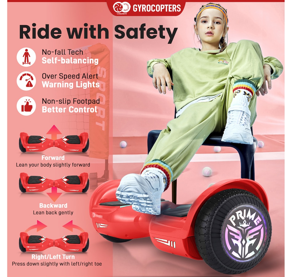 Image 978824_ALTMORE1.jpg, Product 978-824 / Price $219.99 - $229.99, Gyrocopters Prime All New 2025 Hoverboard | Speed up to 15km/h | 300W Powerful Motor | 6.5” LED wheels | 165 lbs weight capacity | UL2272 certified with Wireless Music Speaker offering a range up to 8 km (RED) from Gyrocopters on TSC.ca's Health & Fitness department