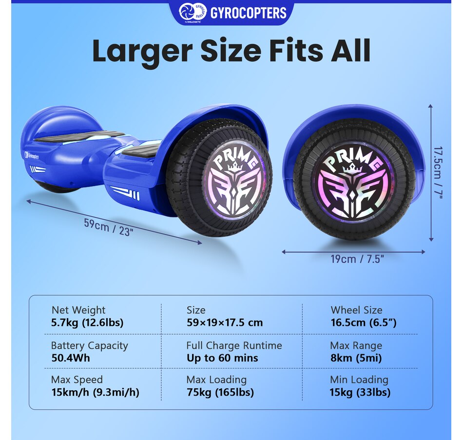 Image 978824_ALTMORE23.jpg, Product 978-824 / Price $219.99 - $229.99, Gyrocopters Prime All New 2025 Hoverboard | Speed up to 15km/h | 300W Powerful Motor | 6.5” LED wheels | 165 lbs weight capacity | UL2272 certified with Wireless Music Speaker offering a range up to 8 km (RED) from Gyrocopters on TSC.ca's Health & Fitness department