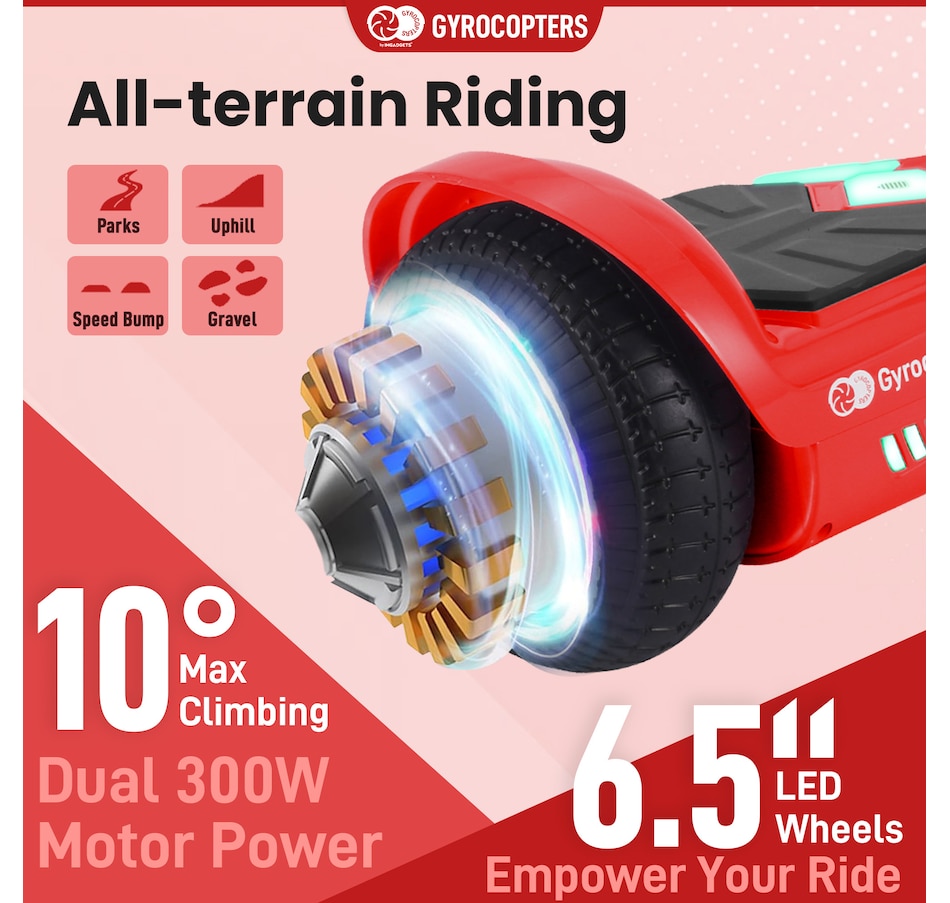 Image 978824_ALTMORE3.jpg, Product 978-824 / Price $219.99 - $229.99, Gyrocopters Prime All New 2025 Hoverboard | Speed up to 15km/h | 300W Powerful Motor | 6.5” LED wheels | 165 lbs weight capacity | UL2272 certified with Wireless Music Speaker offering a range up to 8 km (RED) from Gyrocopters on TSC.ca's Health & Fitness department
