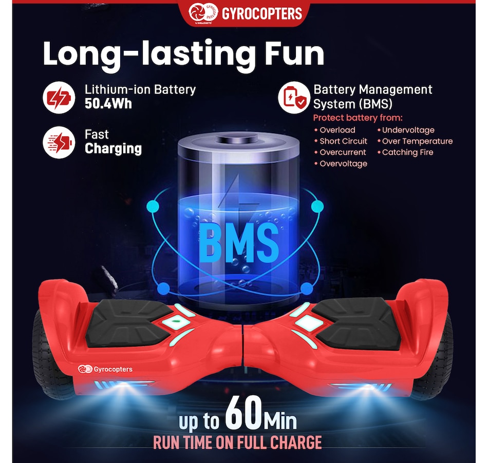 Image 978824_ALTMORE4.jpg, Product 978-824 / Price $219.99 - $229.99, Gyrocopters Prime All New 2025 Hoverboard | Speed up to 15km/h | 300W Powerful Motor | 6.5” LED wheels | 165 lbs weight capacity | UL2272 certified with Wireless Music Speaker offering a range up to 8 km (RED) from Gyrocopters on TSC.ca's Health & Fitness department
