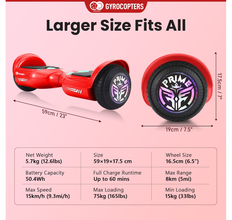 Image 978824_ALTMORE5.jpg, Product 978-824 / Price $219.99 - $229.99, Gyrocopters Prime All New 2025 Hoverboard | Speed up to 15km/h | 300W Powerful Motor | 6.5” LED wheels | 165 lbs weight capacity | UL2272 certified with Wireless Music Speaker offering a range up to 8 km (RED) from Gyrocopters on TSC.ca's Health & Fitness department