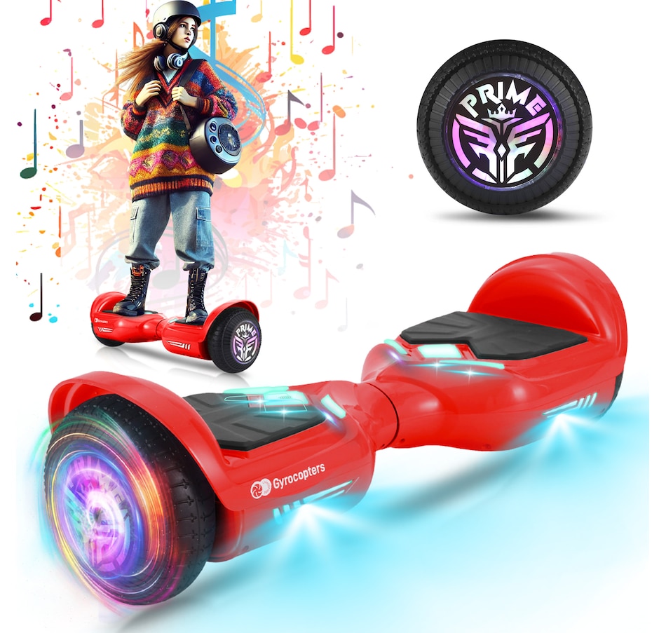 Image 978824_ST01.jpg, Product 978-824 / Price $219.99 - $229.99, Gyrocopters Prime All New 2025 Hoverboard | Speed up to 15km/h | 300W Powerful Motor | 6.5” LED wheels | 165 lbs weight capacity | UL2272 certified with Wireless Music Speaker offering a range up to 8 km (RED) from Gyrocopters on TSC.ca's Health & Fitness department