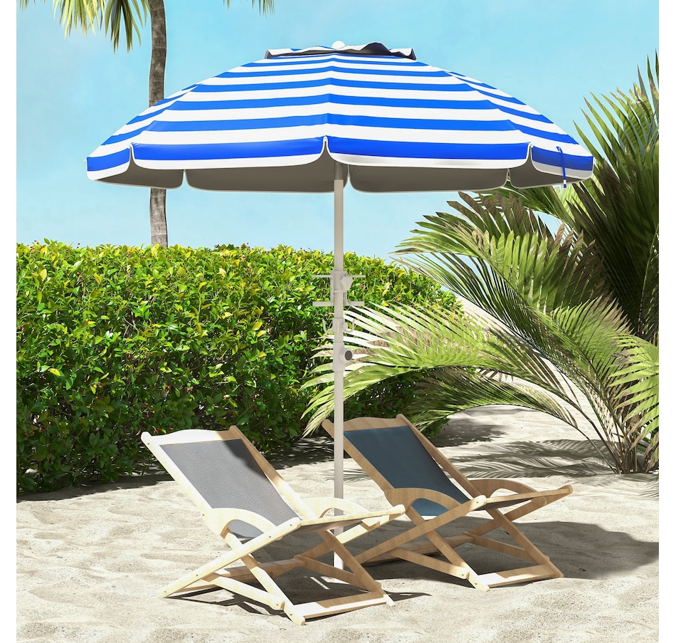 Image 980694_ALTMORE1.jpg, Product 980-694 / Price $44.99, Outsunny 5.7' Beach Umbrella with Tilt, Cup Holders, Hook, Blue and White from Outsunny on TSC.ca's Home & Garden department