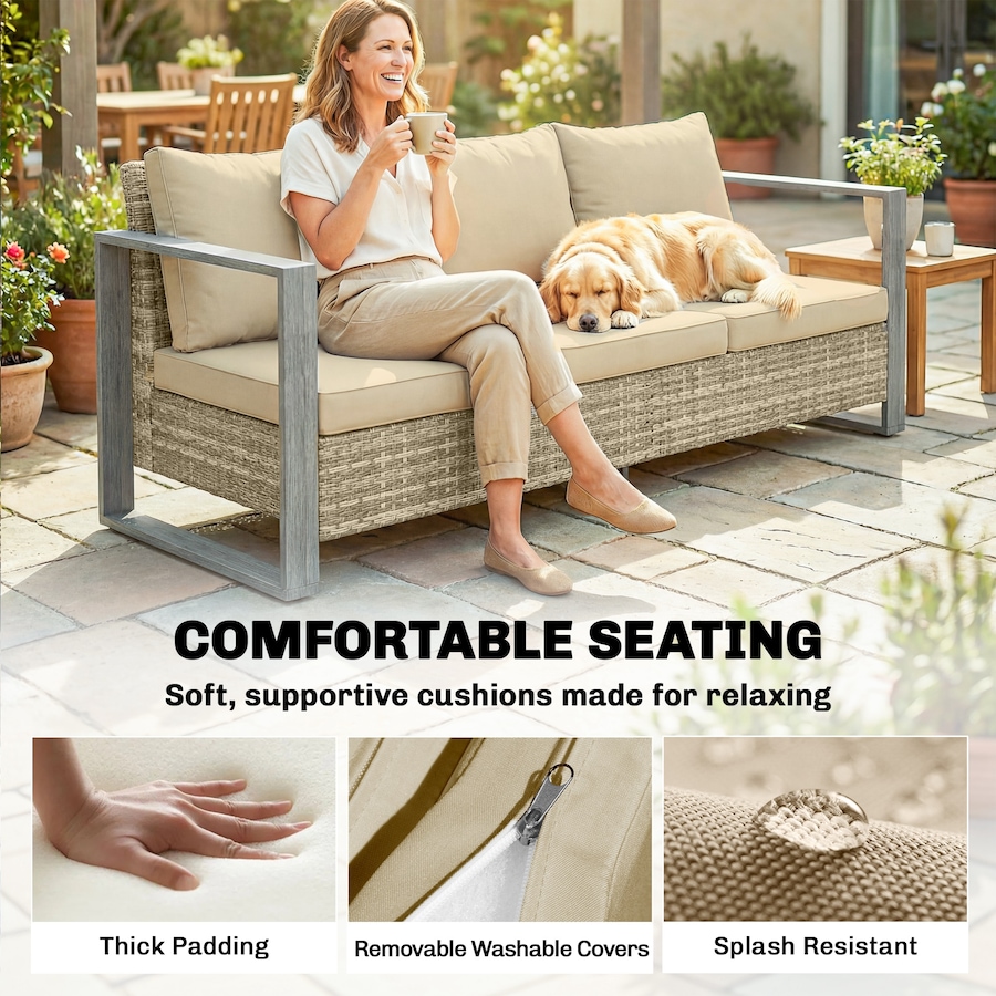 Image 980697_ALTMORE6.jpg, Product 980-697 / Price $359.99, Outsunny 3-Seat Outdoor Couch, Deep Patio Sofa, Aluminum Armrests, Khaki from Outsunny on TSC.ca's Home & Garden department