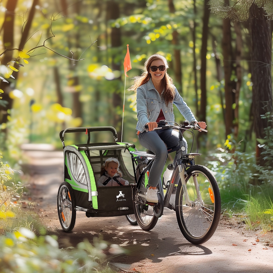 Image 980706_ALTMORE1.jpg, Product 980-706 / Price $236.99, Aosom Child Bike Trailer with Storage, 5 Point Harness, Baby Stroller Green from Aosom on TSC.ca's Toys & Hobbies department