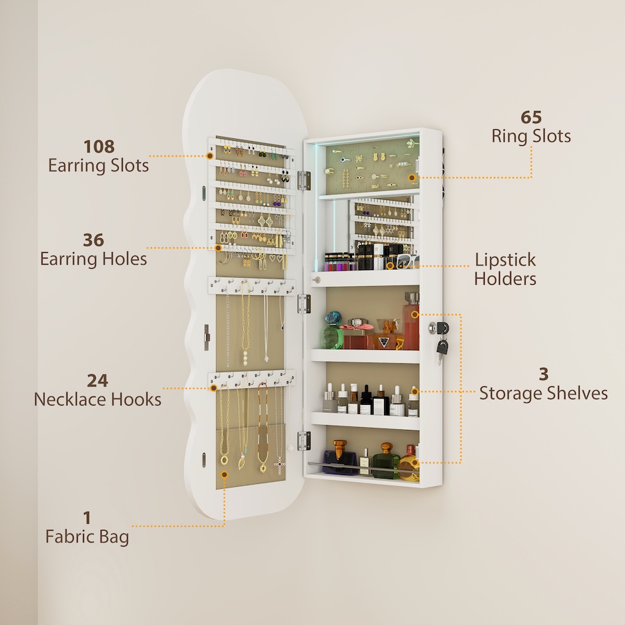 Image 980825_ALTMORE5.jpg, Product 980-825 / Price $114.99, HOMCOM Jewelry Cabinet with Light Lockable Jewelry Armoire Organizer White from HOMCOM on TSC.ca's Beauty department