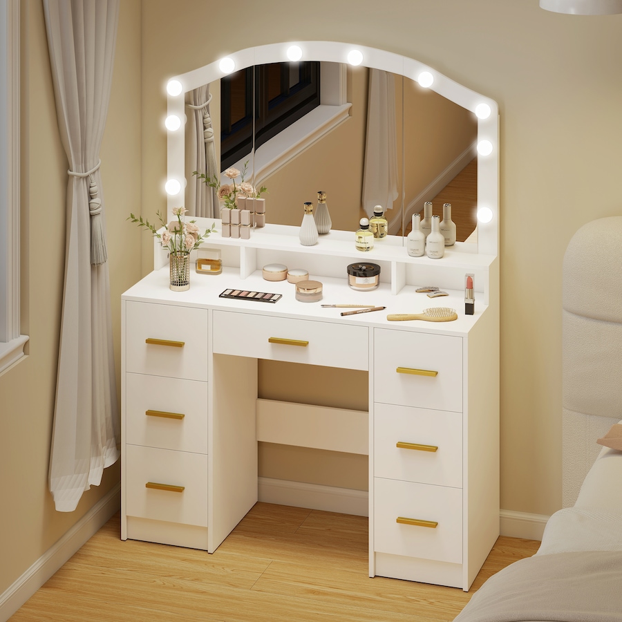 Image 980827.jpg, Product 980-827 / Price $266.74, HOMCOM Vanity Desk with Lighted Mirror Makeup Vanity with 7 Drawers White from HOMCOM on TSC.ca's Beauty department