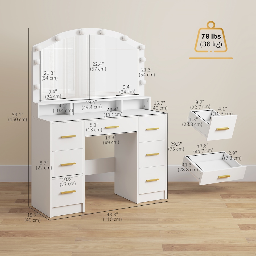 Image 980827_ALTMORE2.jpg, Product 980-827 / Price $266.74, HOMCOM Vanity Desk with Lighted Mirror Makeup Vanity with 7 Drawers White from HOMCOM on TSC.ca's Beauty department