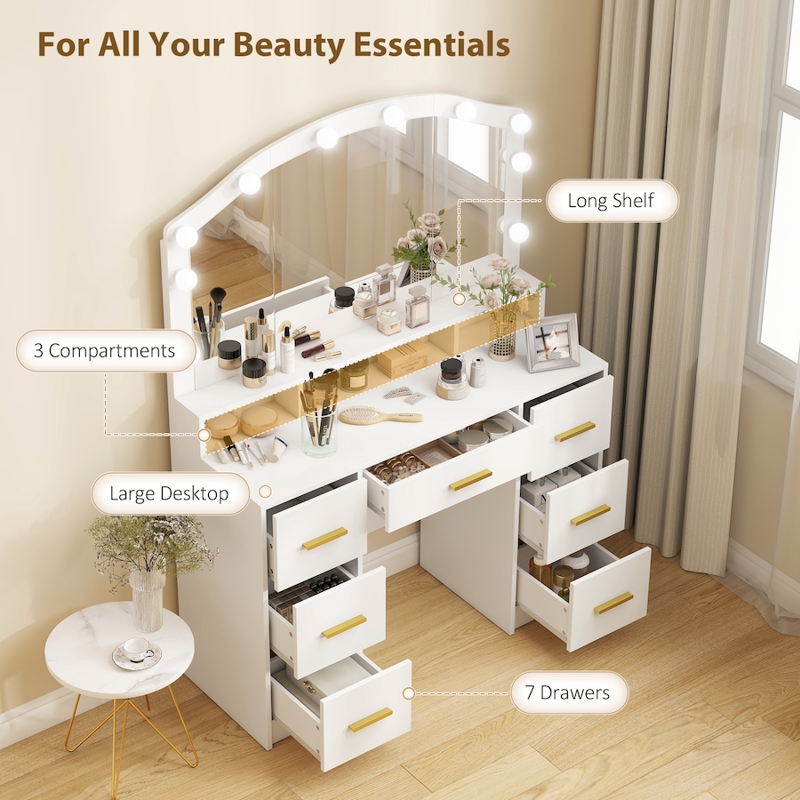 Image 980827_ALTMORE4.jpg, Product 980-827 / Price $266.74, HOMCOM Vanity Desk with Lighted Mirror Makeup Vanity with 7 Drawers White from HOMCOM on TSC.ca's Beauty department