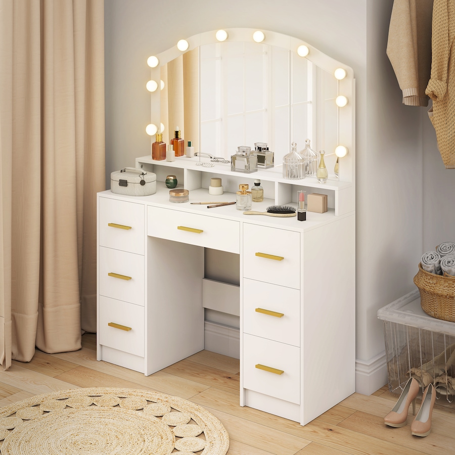 Image 980827_ALTMORE7.jpg, Product 980-827 / Price $266.74, HOMCOM Vanity Desk with Lighted Mirror Makeup Vanity with 7 Drawers White from HOMCOM on TSC.ca's Beauty department