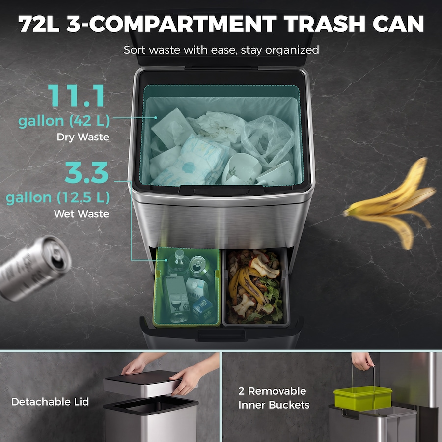 Image 980829_ALTMORE12.jpg, Product 980-829 / Price $199.99, HOMCOM 19 Gallon (72 L) Sensor Bin, Touchless Garbage Can w/ 3 Compartments from HOMCOM on TSC.ca's Kitchen department