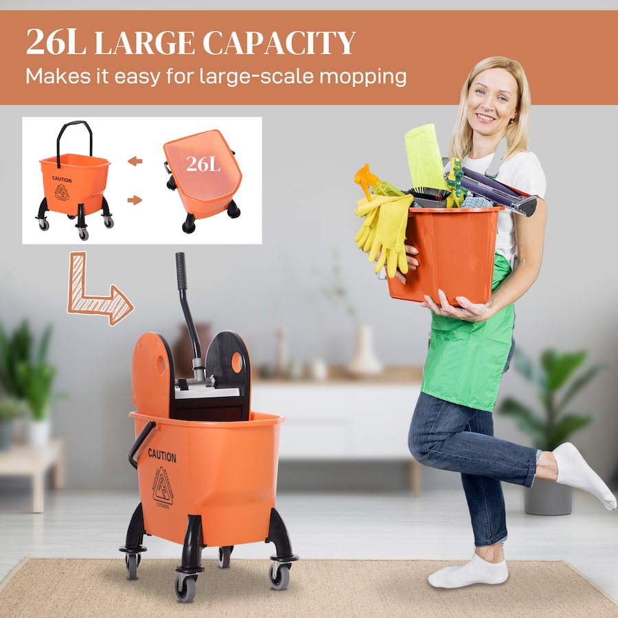 Image 980833_ALTMORE3.jpg, Product 980-833 / Price $69.99, HOMCOM 6.9 Gal/26L Mop Bucket with Wringer, Mop Bucket on Wheels, Orange from HOMCOM on TSC.ca's Home & Garden department