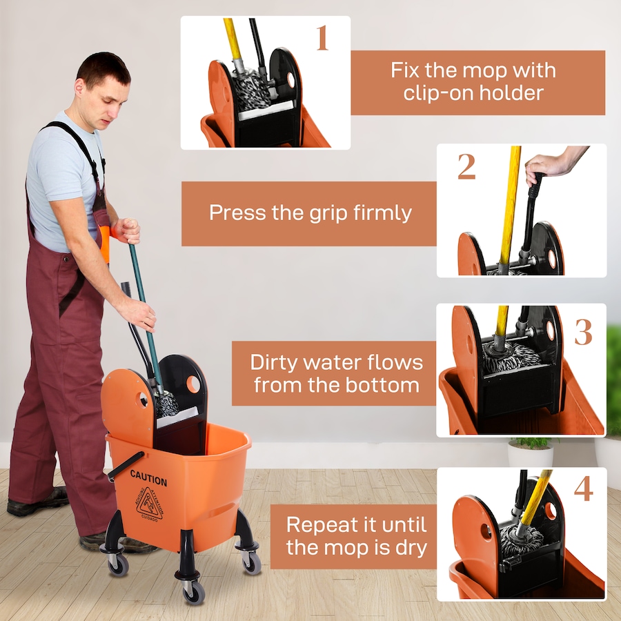 Image 980833_ALTMORE4.jpg, Product 980-833 / Price $69.99, HOMCOM 6.9 Gal/26L Mop Bucket with Wringer, Mop Bucket on Wheels, Orange from HOMCOM on TSC.ca's Home & Garden department