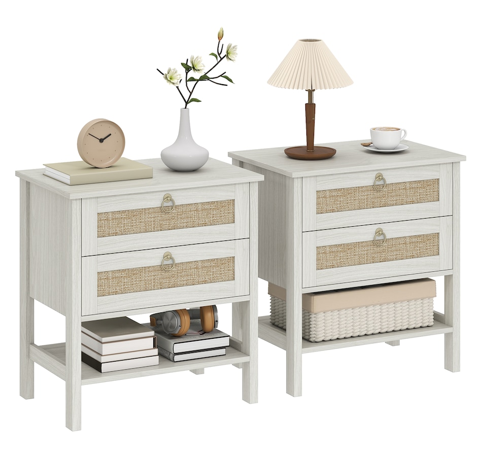 Image 980864.jpg, Product 980-864 / Price $184.99, HOMCOM Rattan Nightstands Set of 2 Bedside Tables with 2 Drawers White Oak from HOMCOM on TSC.ca's Home & Garden department