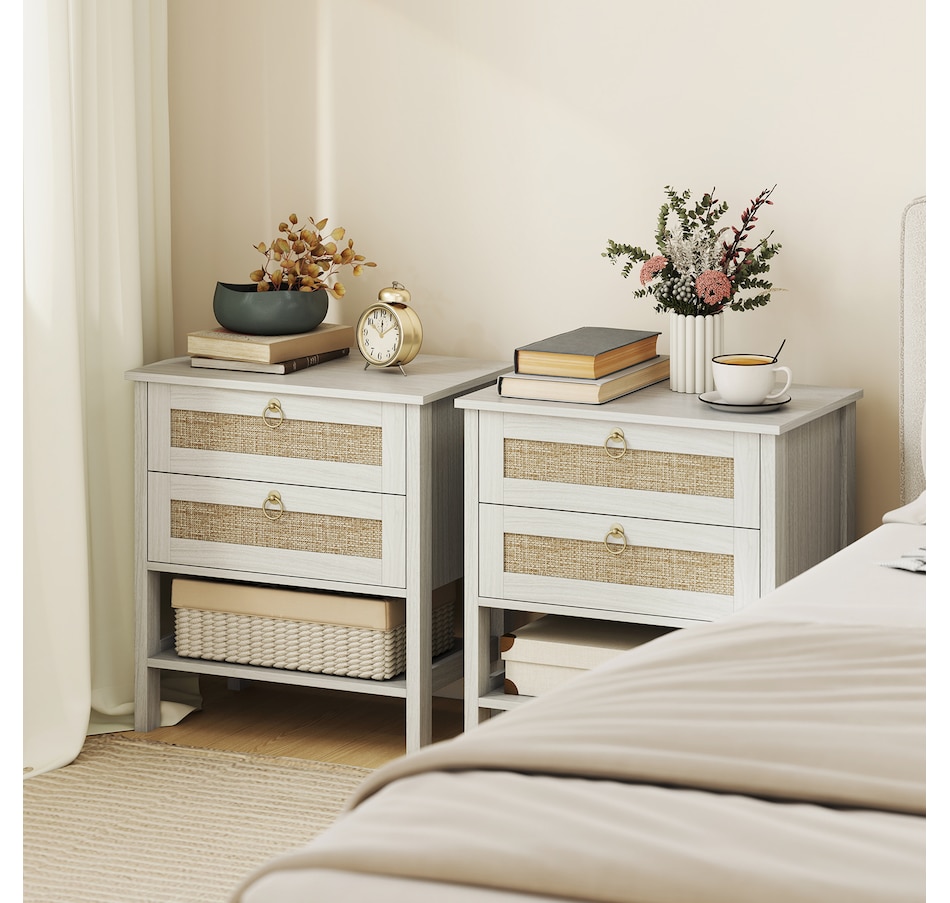 Image 980864_ALTMORE1.jpg, Product 980-864 / Price $184.99, HOMCOM Rattan Nightstands Set of 2 Bedside Tables with 2 Drawers White Oak from HOMCOM on TSC.ca's Home & Garden department