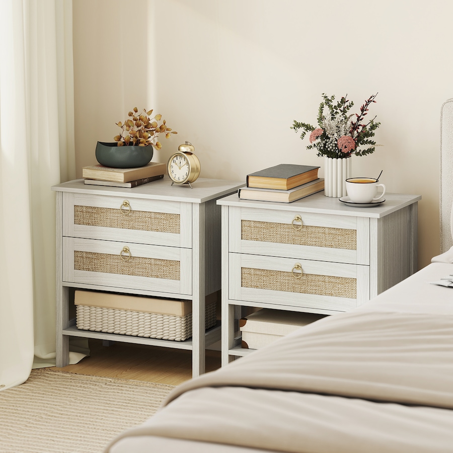 Image 980864_ALTMORE1.jpg, Product 980-864 / Price $200.84, HOMCOM Rattan Nightstands Set of 2 Bedside Tables with 2 Drawers White Oak from HOMCOM on TSC.ca's Home & Garden department