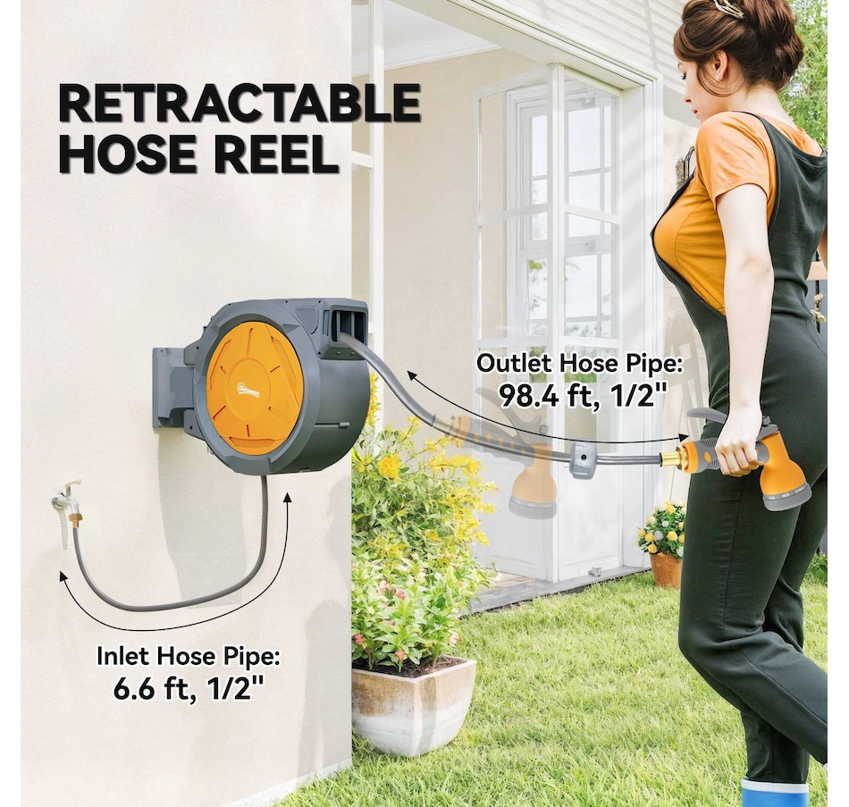 Image 980882_ALTMORE3.jpg, Product 980-882 / Price $136.99, Outsunny Retractable Hose Reel, 1/2 in x 100ft Garden Hose Reel, Orange from Outsunny on TSC.ca's Home & Garden department