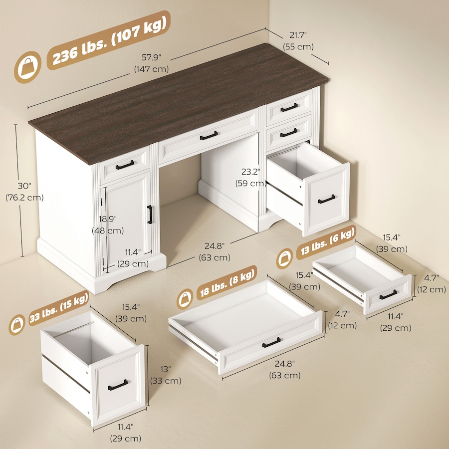 Image 980897_ALTMORE2.jpg, Product 980-897 / Price $294.99, HOMCOM 58" Farmhouse Executive Desk with Silent Drawers Office Desk White from HOMCOM on TSC.ca's Home & Garden department