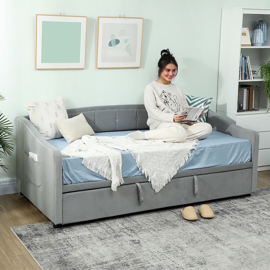 Image 980902_ALTMORE7.jpg, Product 980-902 / Price $439.99, HOMCOM Twin Daybed, Upholstered Trundle Bed with 2 Pockets, Light Grey from HOMCOM on TSC.ca's Home & Garden department