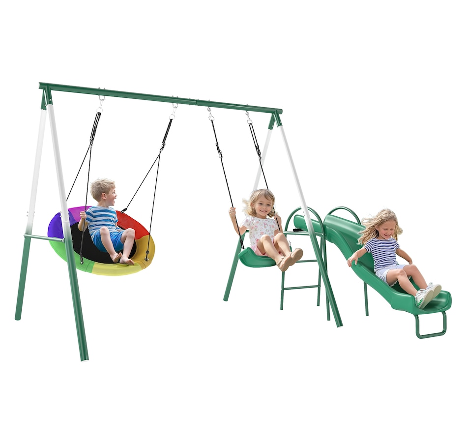 Image 980926.jpg, Product 980-926 / Price $349.99, Qaba Metal Swing Set with Slide, Heavy Duty Swing Set, Dark Green from Qaba on TSC.ca's Home & Garden department