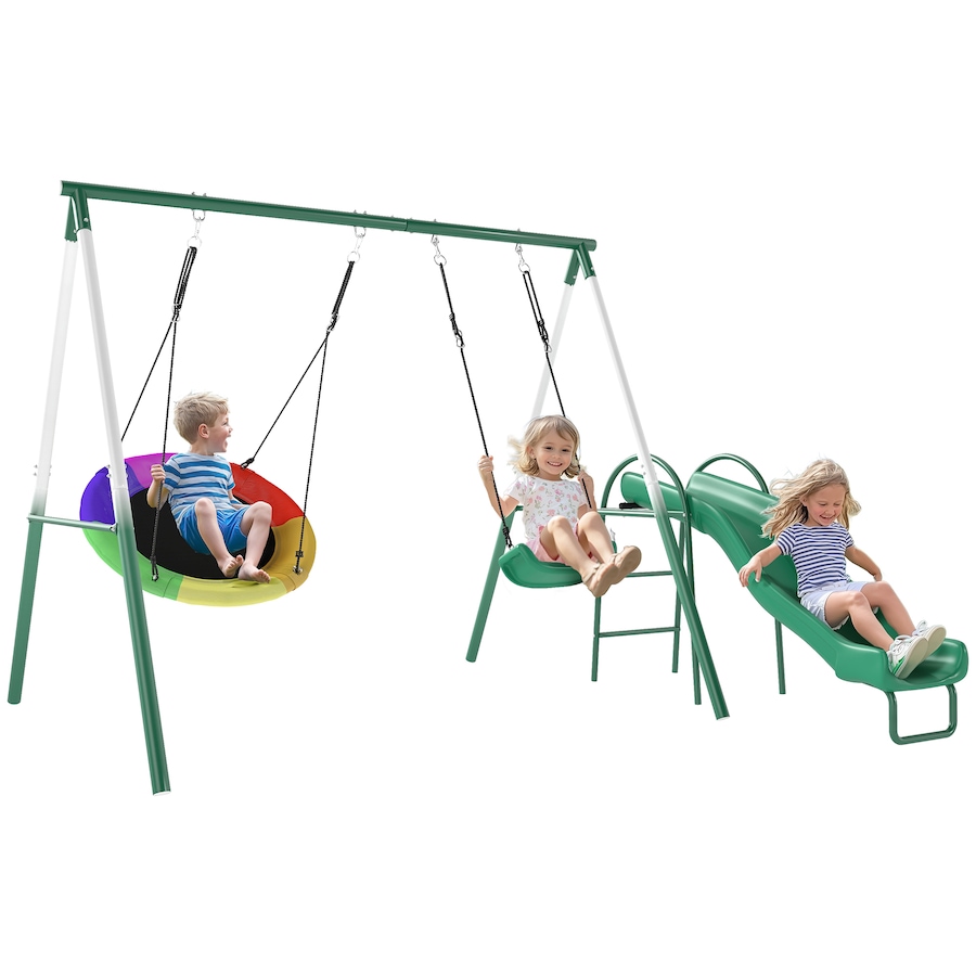 Image 980926.jpg, Product 980-926 / Price $299.99, Qaba Metal Swing Set with Slide, Heavy Duty Swing Set, Dark Green from Qaba on TSC.ca's Home & Garden department