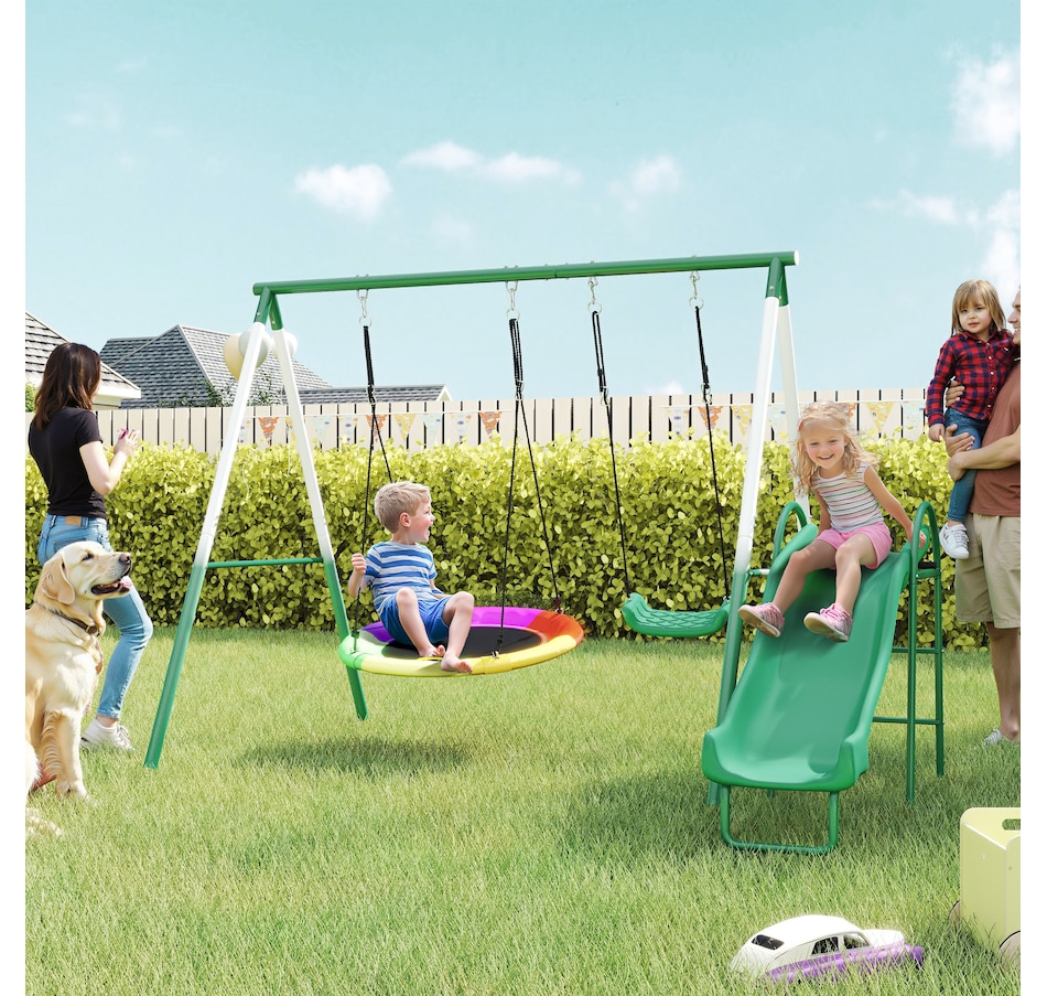 Image 980926_ALTMORE1.jpg, Product 980-926 / Price $349.99, Qaba Metal Swing Set with Slide, Heavy Duty Swing Set, Dark Green from Qaba on TSC.ca's Home & Garden department