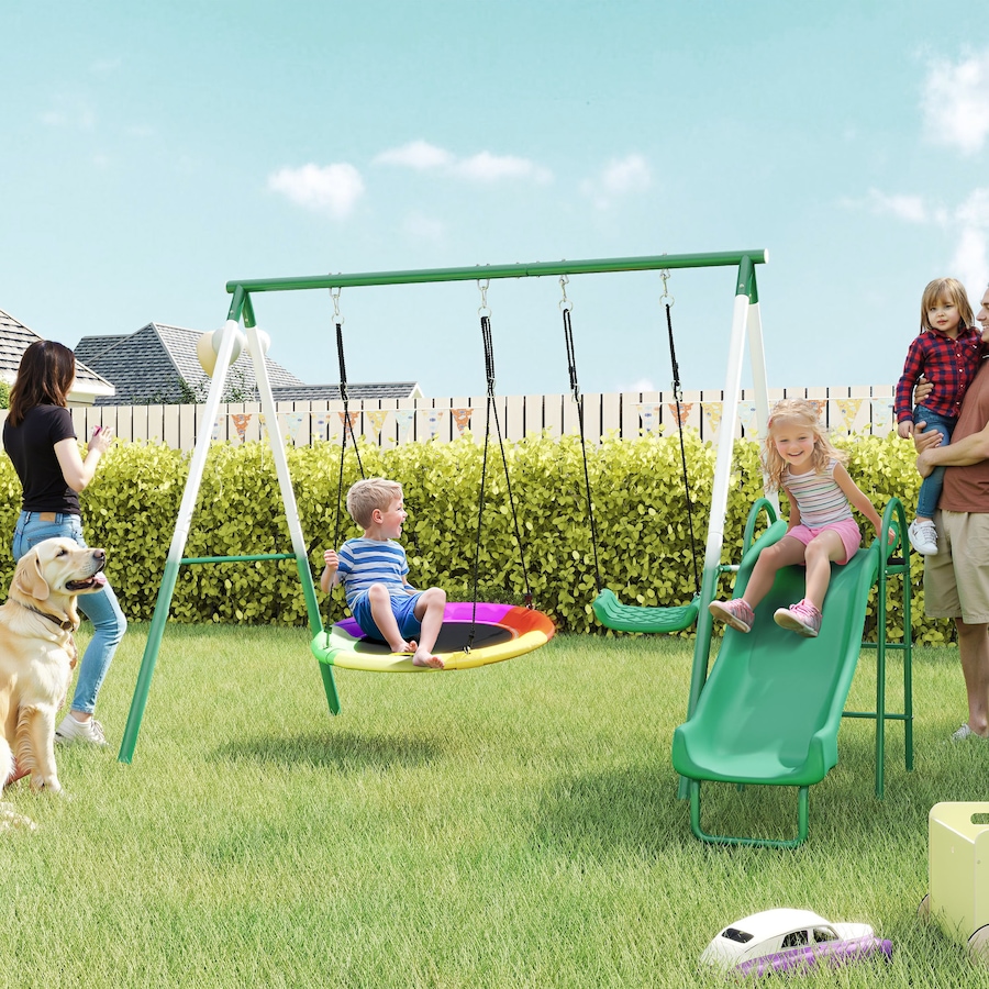 Image 980926_ALTMORE1.jpg, Product 980-926 / Price $299.99, Qaba Metal Swing Set with Slide, Heavy Duty Swing Set, Dark Green from Qaba on TSC.ca's Home & Garden department